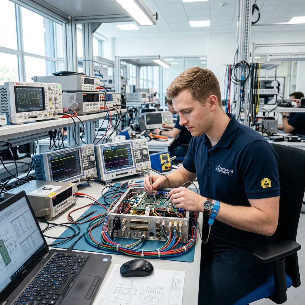 A young handsome fair-skinned engineer working on a complex aerospace avionics breadboard in a bright modern lab