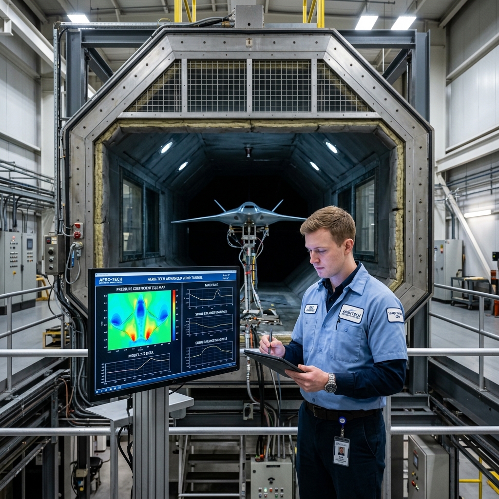An aerospace engineer reviewing aerodynamic simulation data in front of a modern wind tunnel test section