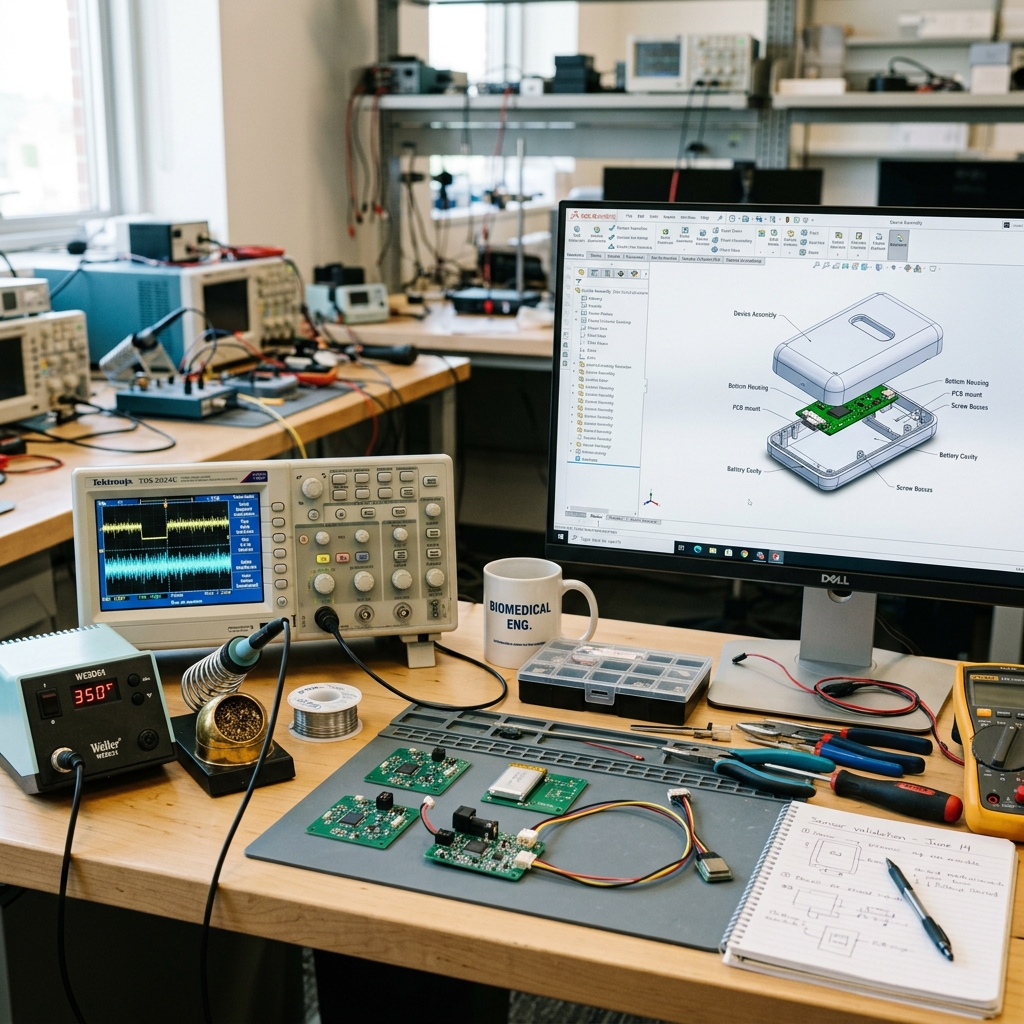 A close-up of a biomedical engineer's workbench showing a digital oscilloscope, small green circuit boards, and SolidWorks CAD on a screen