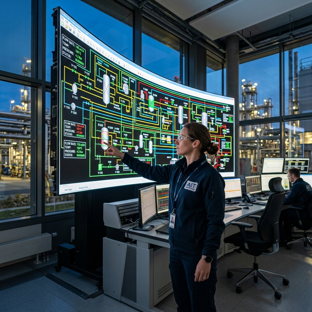 A chemical engineer in a modern plant control room reviewing a massive digital screen displaying a complex P&ID diagram