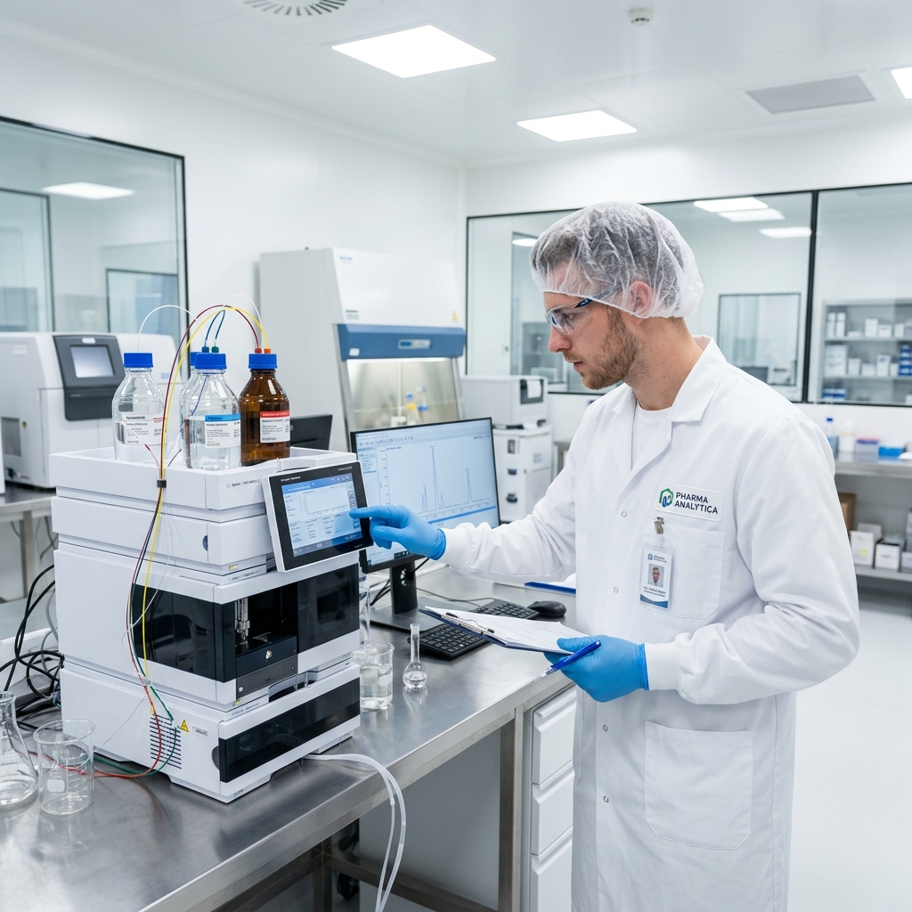 A young handsome fair-skinned chemical engineer checking a high-tech pharmaceutical HPLC system in a bright cleanroom