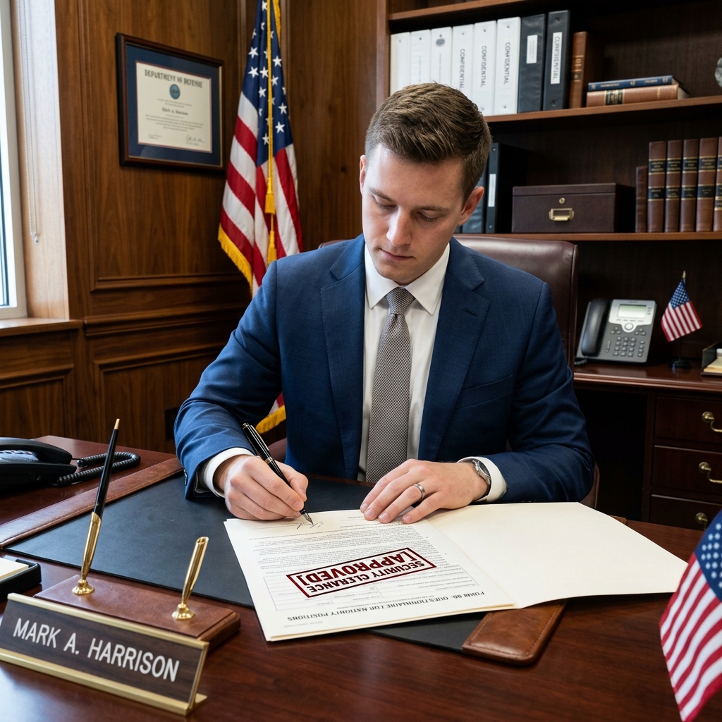 A young fair-skinned professional in a sharp business suit carefully signing a formal security clearance document