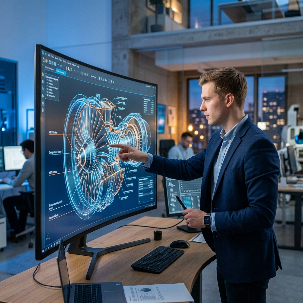 A professional photograph of a young handsome fair-skinned engineer reviewing a complex 3D aircraft turbine design on a massive digital screen