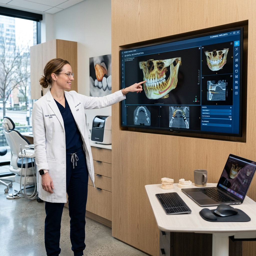 A dentist reviewing a complex 3D digital dental scan on a large, high-resolution screen in a modern consultation room