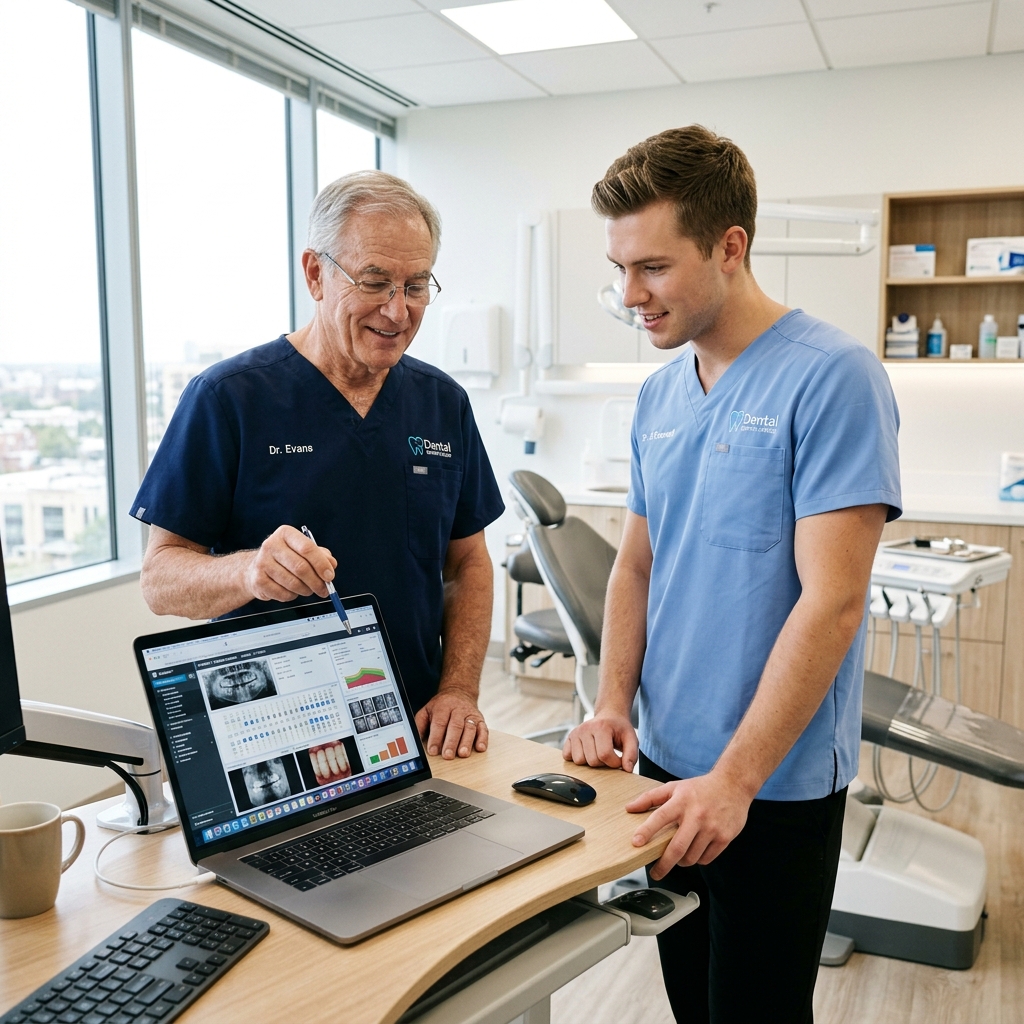 A senior dentist mentoring a younger handsome fair-skinned male associate, looking at a digital record on a sleek laptop