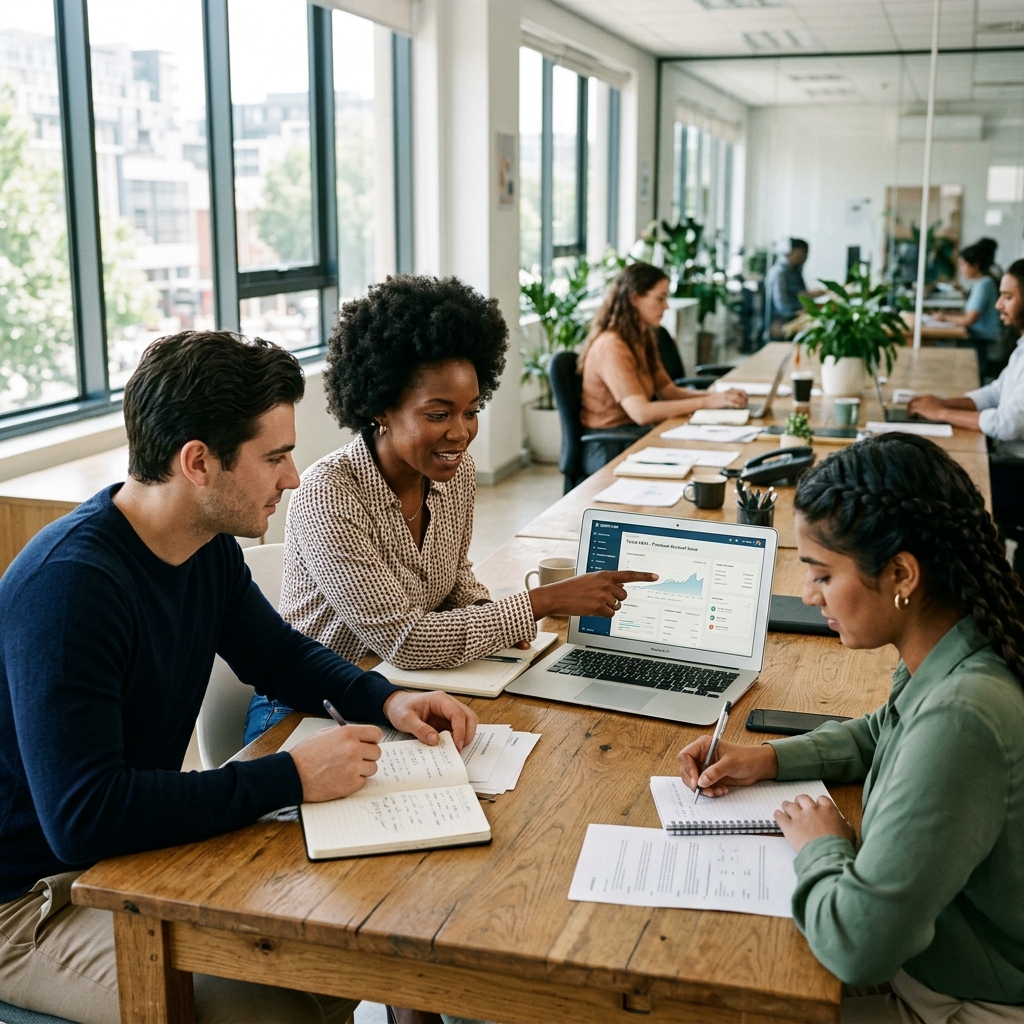 A candid, realistic photo of a diverse customer service team collaborating around a desk in a bright office, discussing a complex customer case