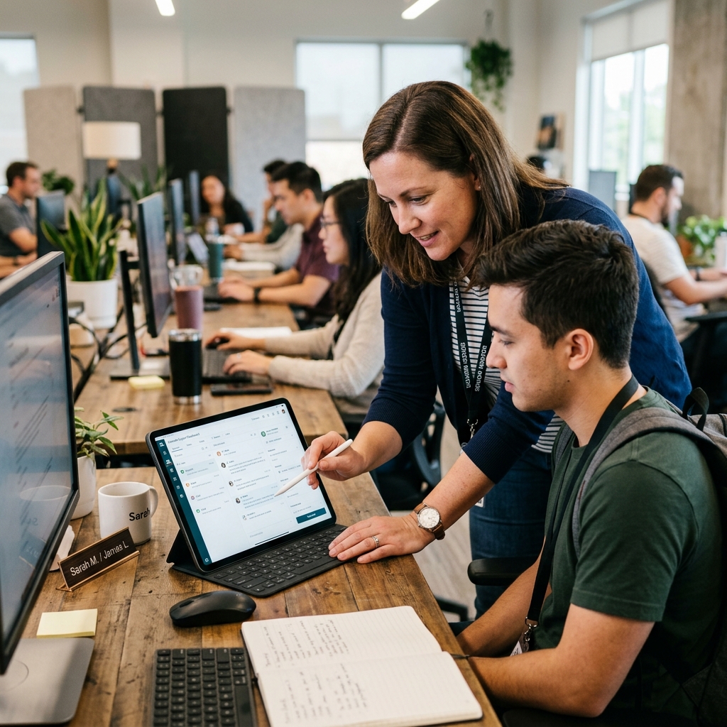 A realistic photo of a modern customer service training session, where a mentor is showing a new starter how to navigate an omnichannel dashboard on a tablet