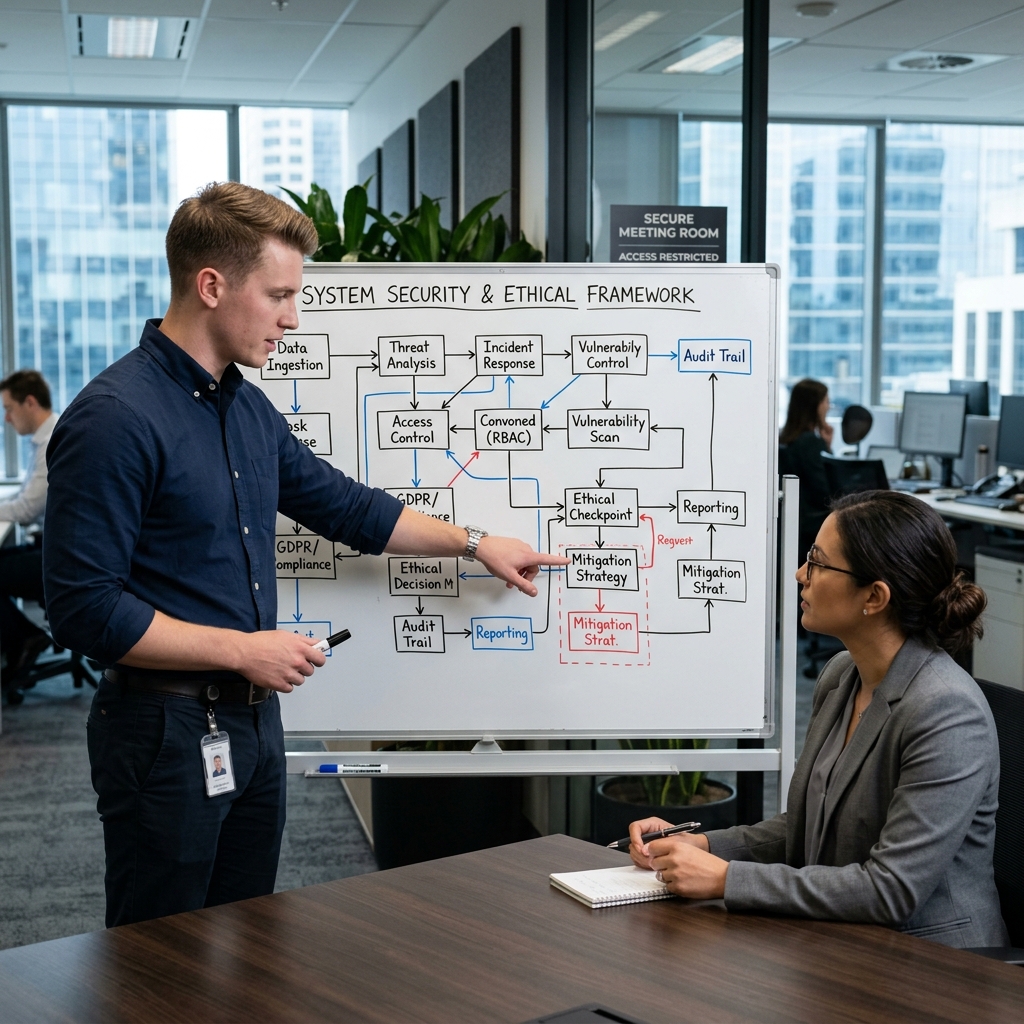 A high-quality, professional photograph of a young fair-skinned engineer explaining a security scenario to an interviewer