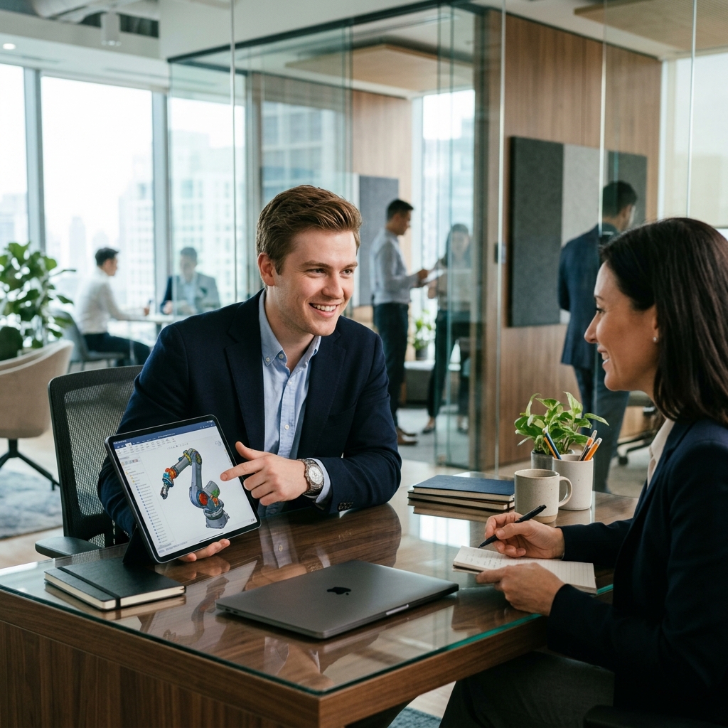 A professional photograph of a young handsome fair-skinned engineer explaining a 3D CAD model on a sleek tablet to an interviewer