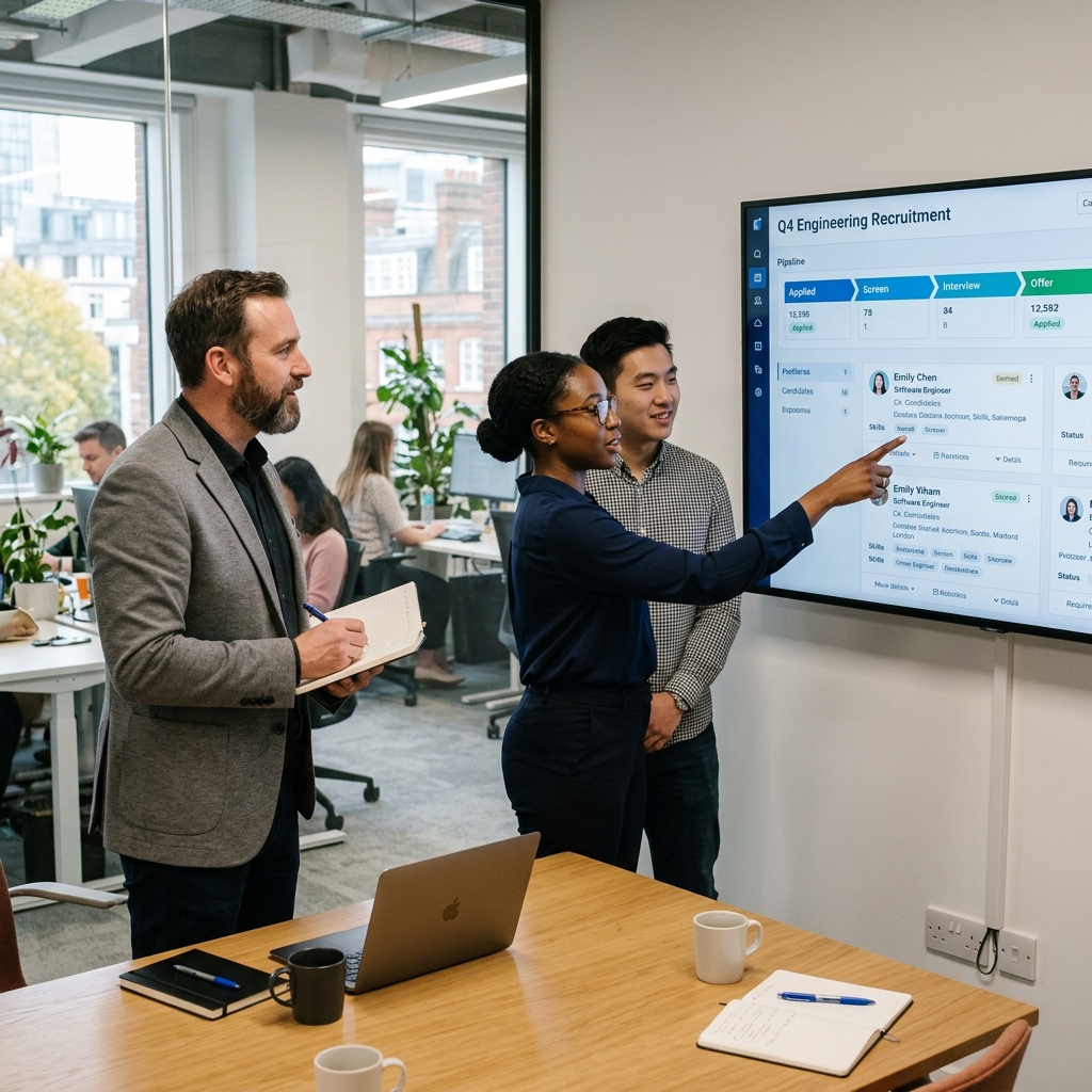 A candid, realistic photo of an HR team in a bright, modern office reviewing a digital dashboard of candidate profiles on a large wall-mounted screen