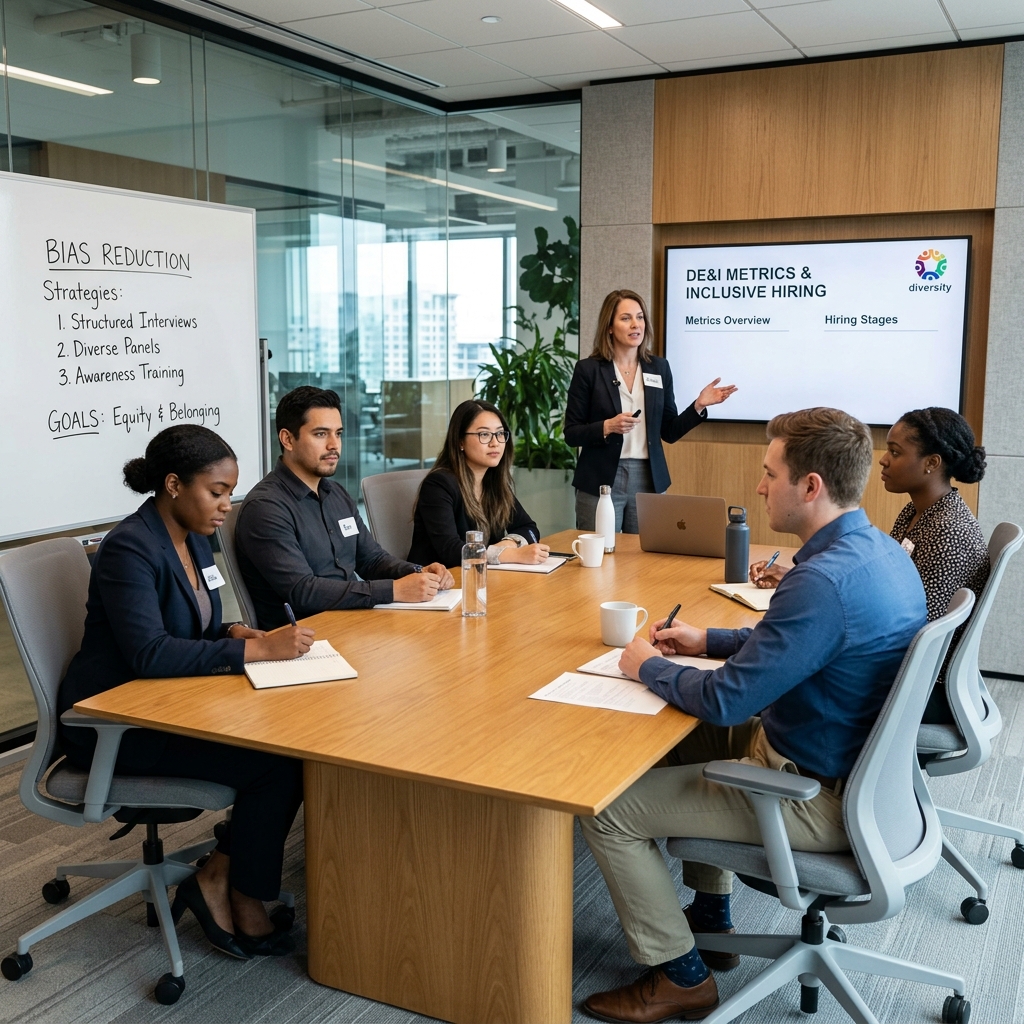 A realistic photo of a professional HR training session where a group of young professionals are learning about Diversity, Equity, and Inclusion (DE&I) metrics
