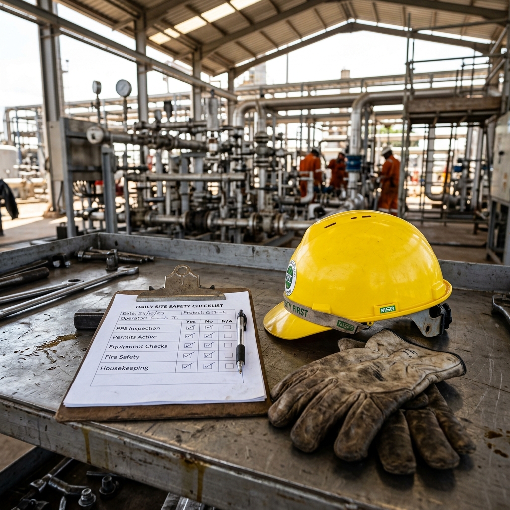 An industrial safety checklist on a clipboard next to a yellow hard hat and work gloves on a workbench