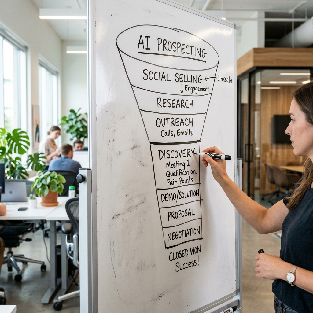 A process diagram showing the 2026 Sales Pipeline: AI Prospecting, Social Selling, and Discovery Calls