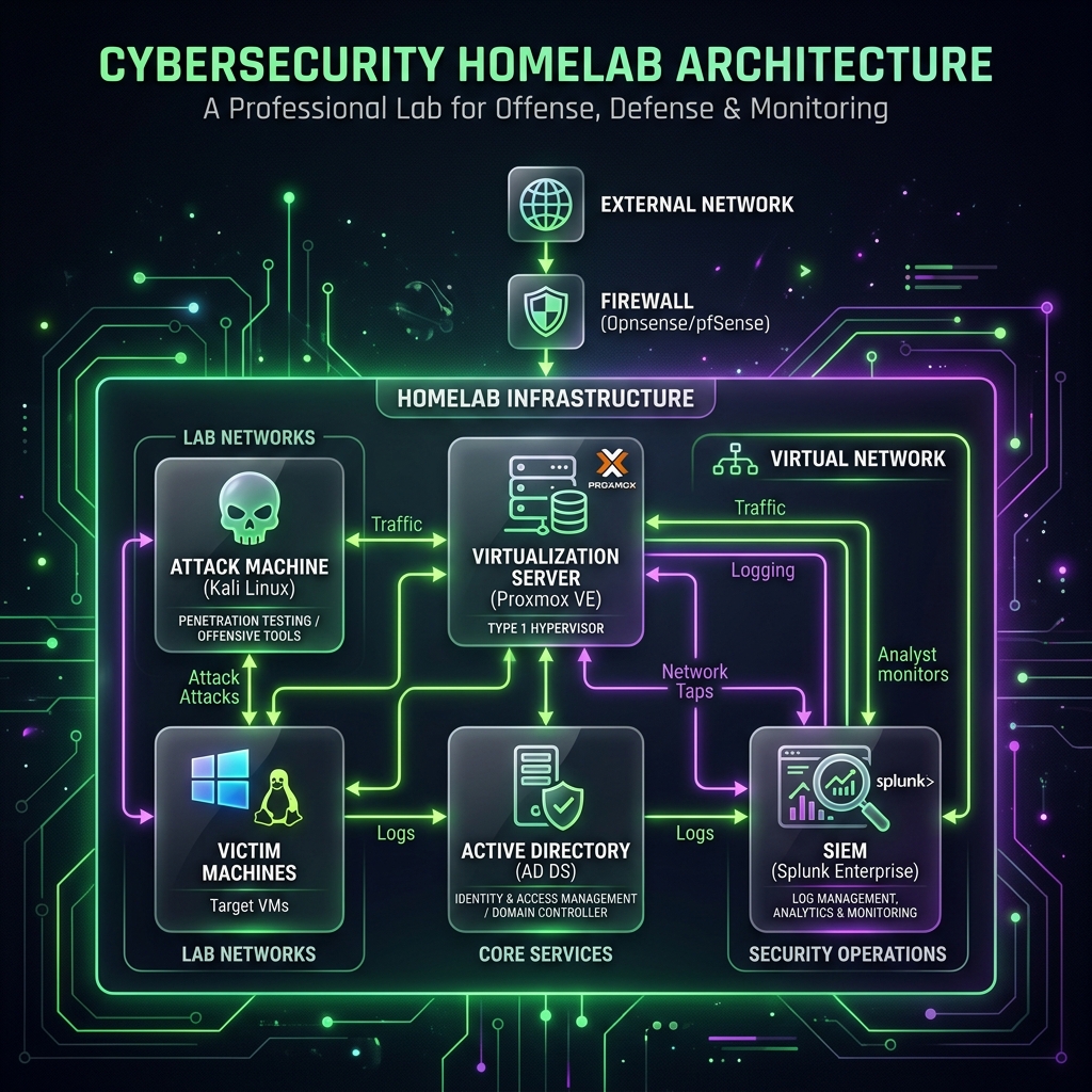 A visual flowchart of building a cybersecurity homelab, from virtualization to SIEM integration