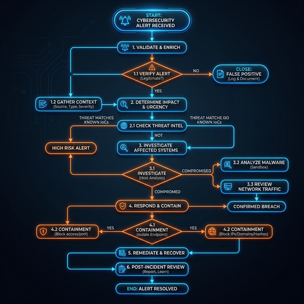 A decision tree diagram showing the triage process for a cybersecurity alert