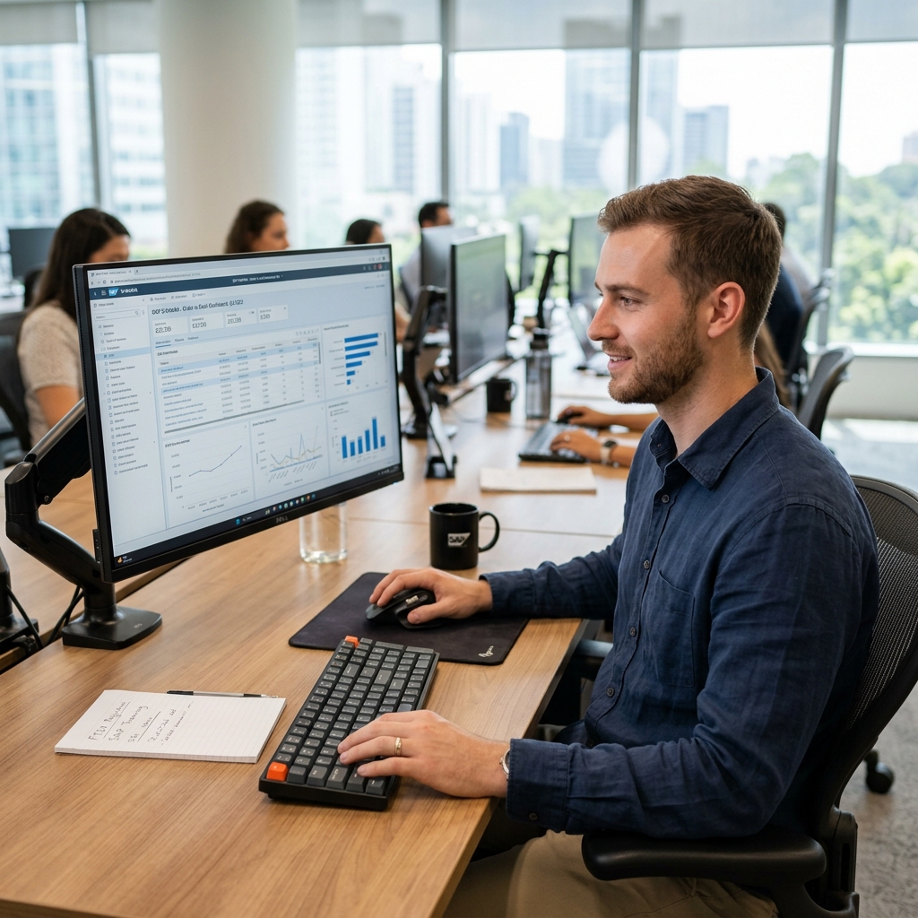 A candid, high-quality photograph of a professional using a modern ERP system on a large desktop monitor in a realistic, sunlit office environment