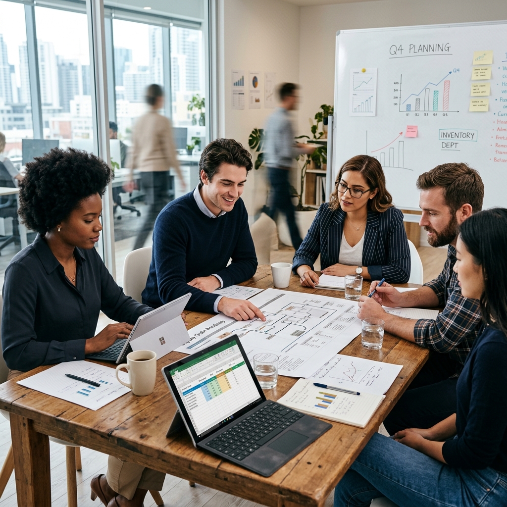 A realistic photo of an inventory management meeting in a bright, modern corporate office. A diverse team is looking at a physical roadmap on a table while also referring to tablets