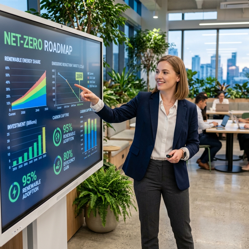 A young female engineer in professional business casual attire presenting a "Net-Zero Roadmap" in a modern office