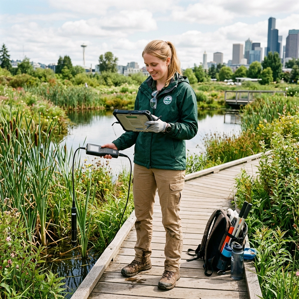 An environmental engineer in field gear reviewing data on a rugged tablet in a restored urban wetland