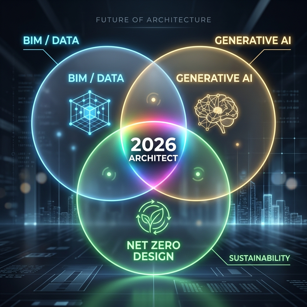 A diagram showing the integration of BIM, Sustainable Design, and AI in modern architecture