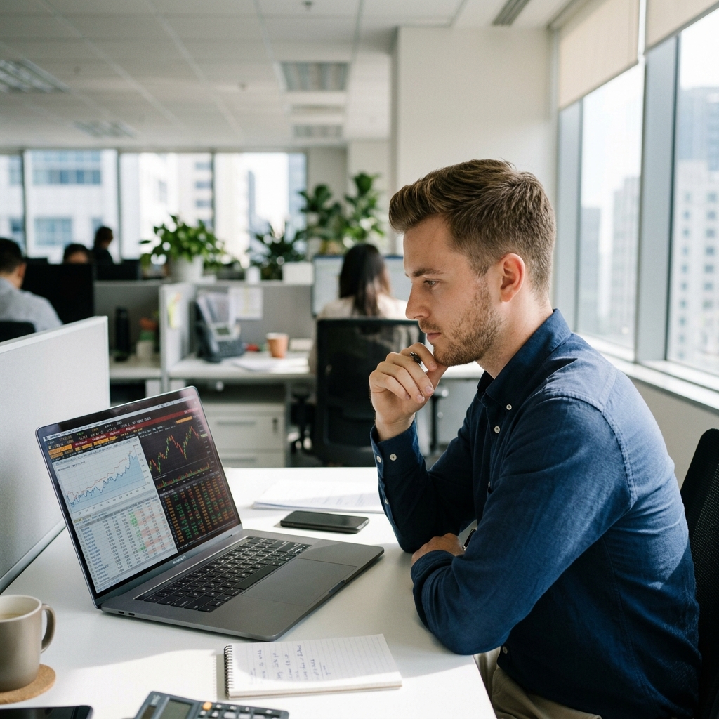 A candid, high-quality photograph of a professional analyst reviewing complex financial statements and stock market data on a high-end laptop in a realistic corporate office