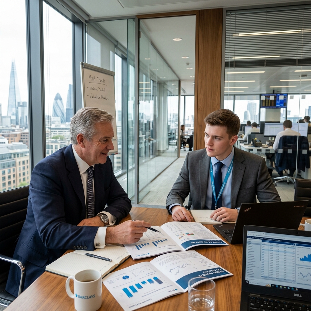 A high-quality, professional photograph of a senior banker mentoring a young, fair-skinned analyst in a bright, modern glass-walled office