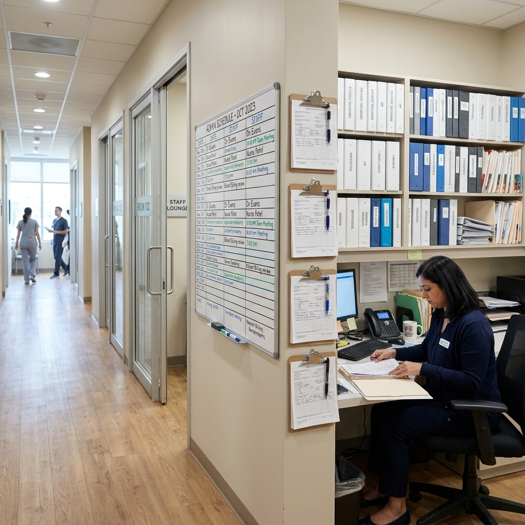 An organized administrative whiteboard showing hospital staff shifts and scheduling plans in a bright clinical office