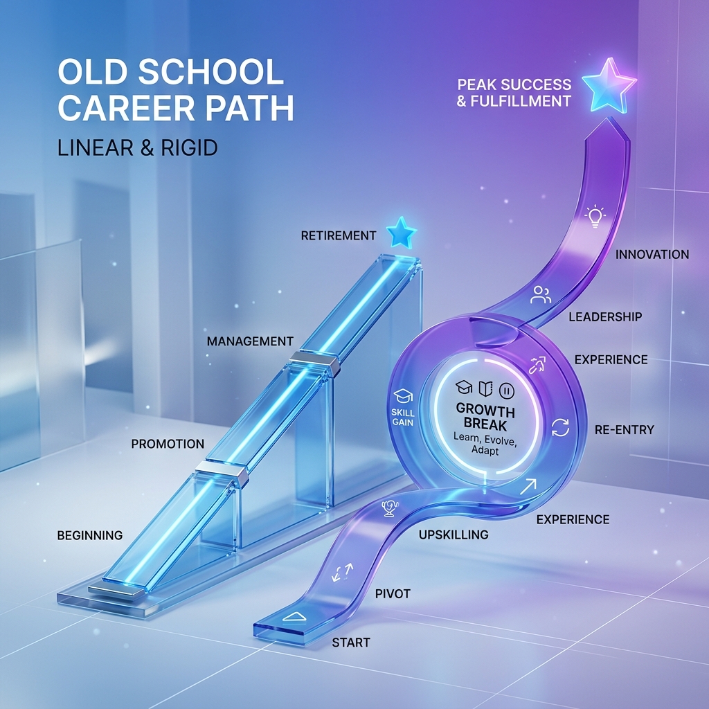 A visual comparison of a linear rigid career path vs a dynamic modern path with a growth loop