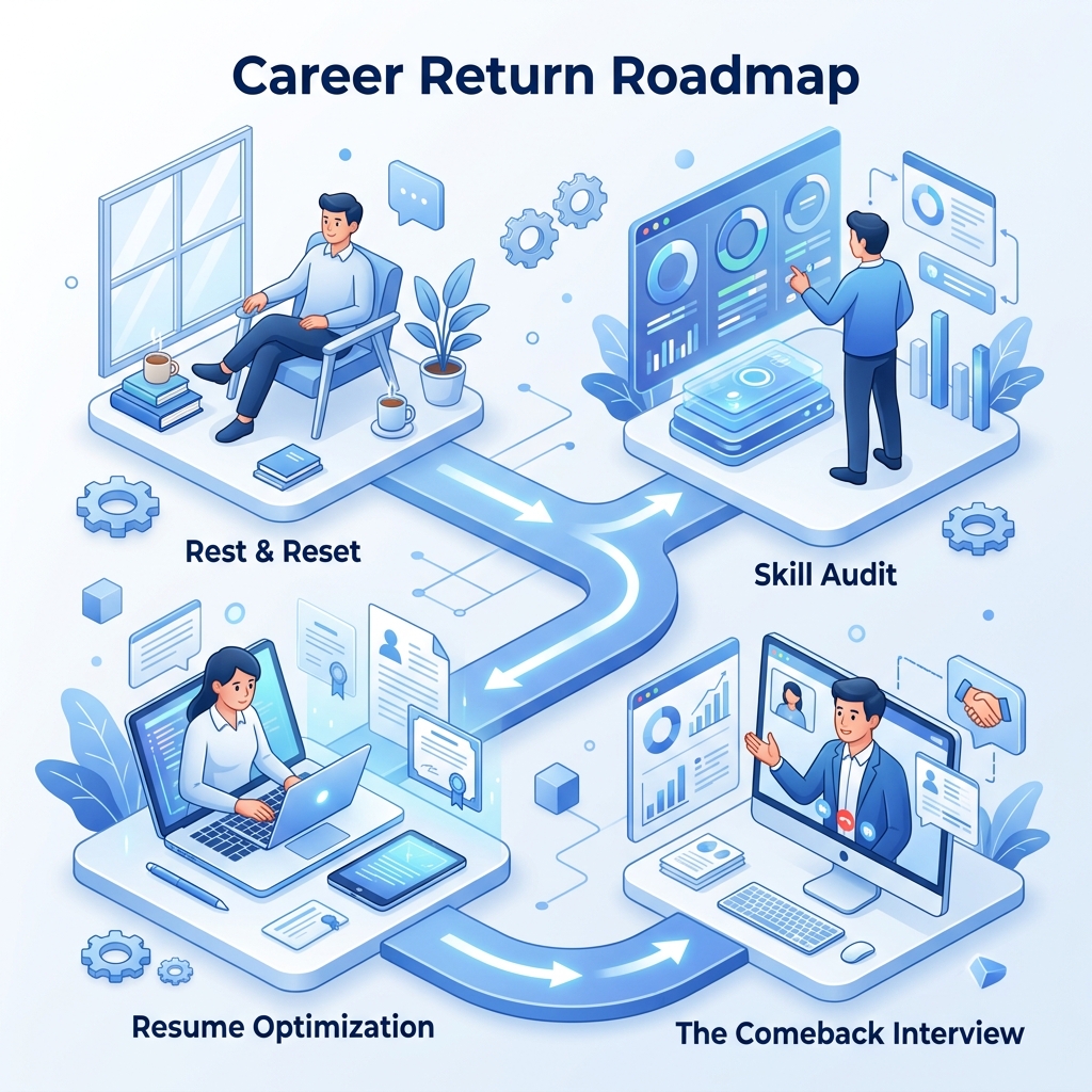Infographic showing the Career Return Roadmap: Rest, Audit, Optimize, Comeback