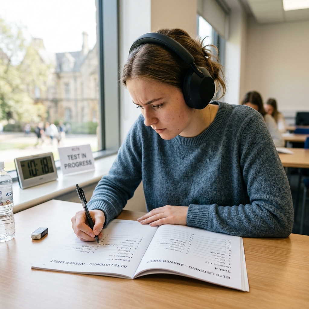 A young student wearing modern headphones studying and writing in an IELTS Listening test booklet on a clean desk
