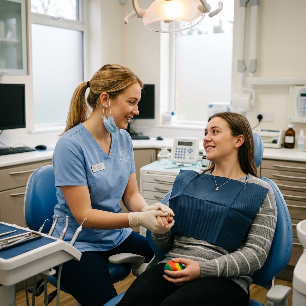 A kind, fair-skinned young dental nurse comforting a nervous patient in a modern dental chair