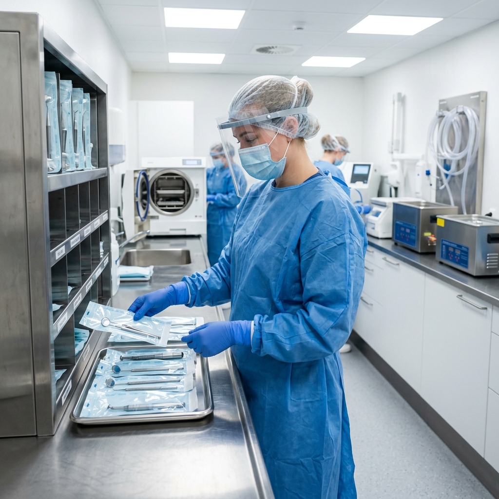 A young fair-skinned dental nurse working in a ultra-modern clinical decontamination room, organizing sterilized instruments