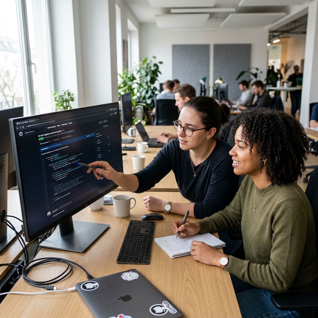A candid, high-quality photograph of a technical pair-programming session in a bright office. Two developers are looking at a screen together, discussing a pull request on GitHub