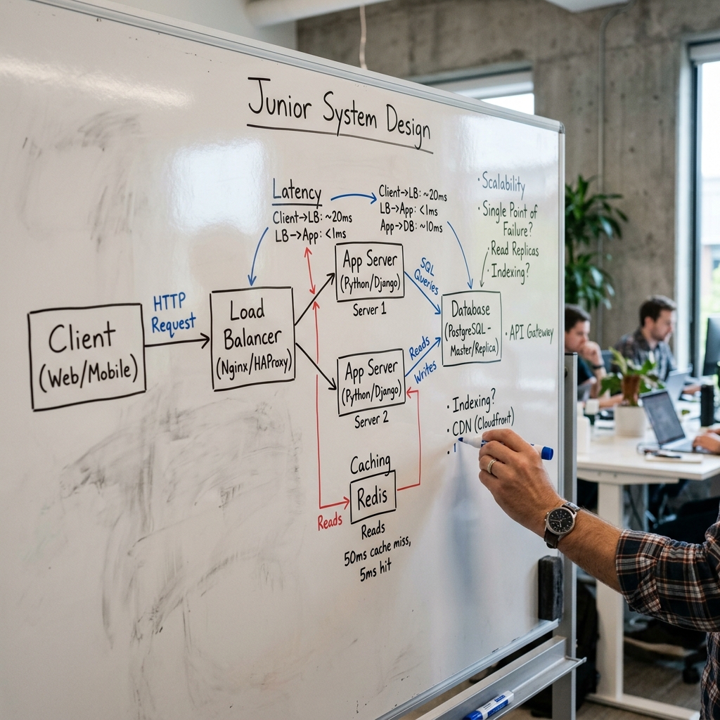 A realistic whiteboard diagram showing a 'Junior System Design' flow: Client, Load Balancer, API Gateway, and Database with clear handwritten annotations