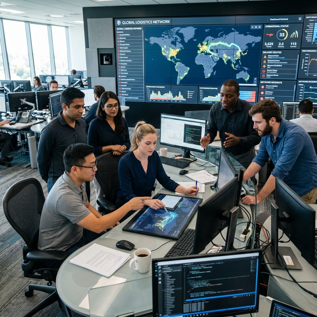 A realistic photo of a 'War Room' environment where a professional team is gathered around monitors and a large digital map to solve an operational bottleneck