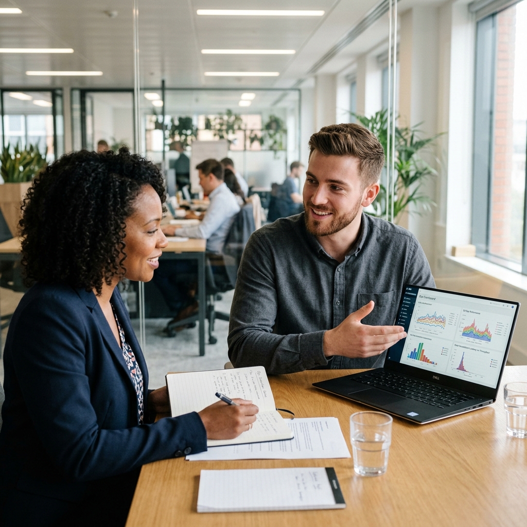 A candid, high-quality photograph of a technical operations interview where a candidate is explaining a data visualization on a laptop to an attentive interviewer