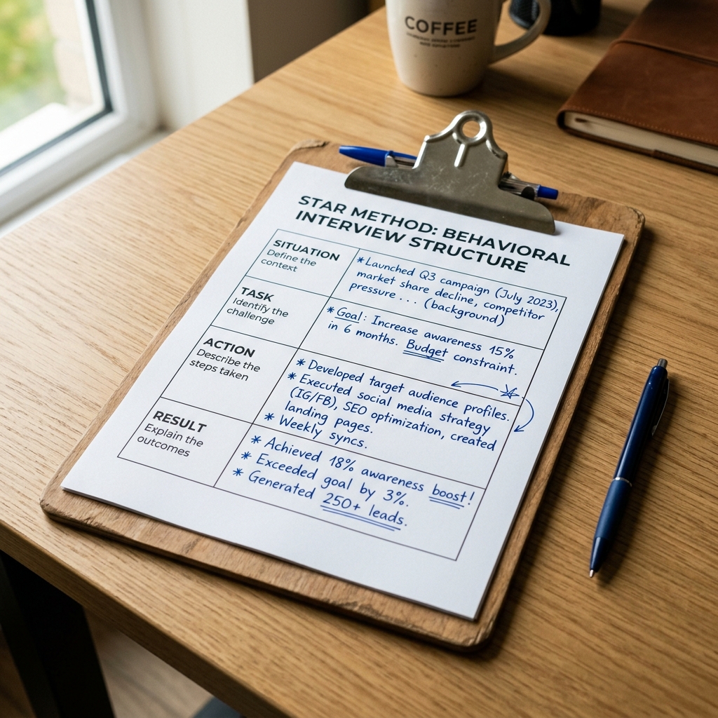 A wooden clipboard showing a structured STAR method outline with handwritten notes on an office table