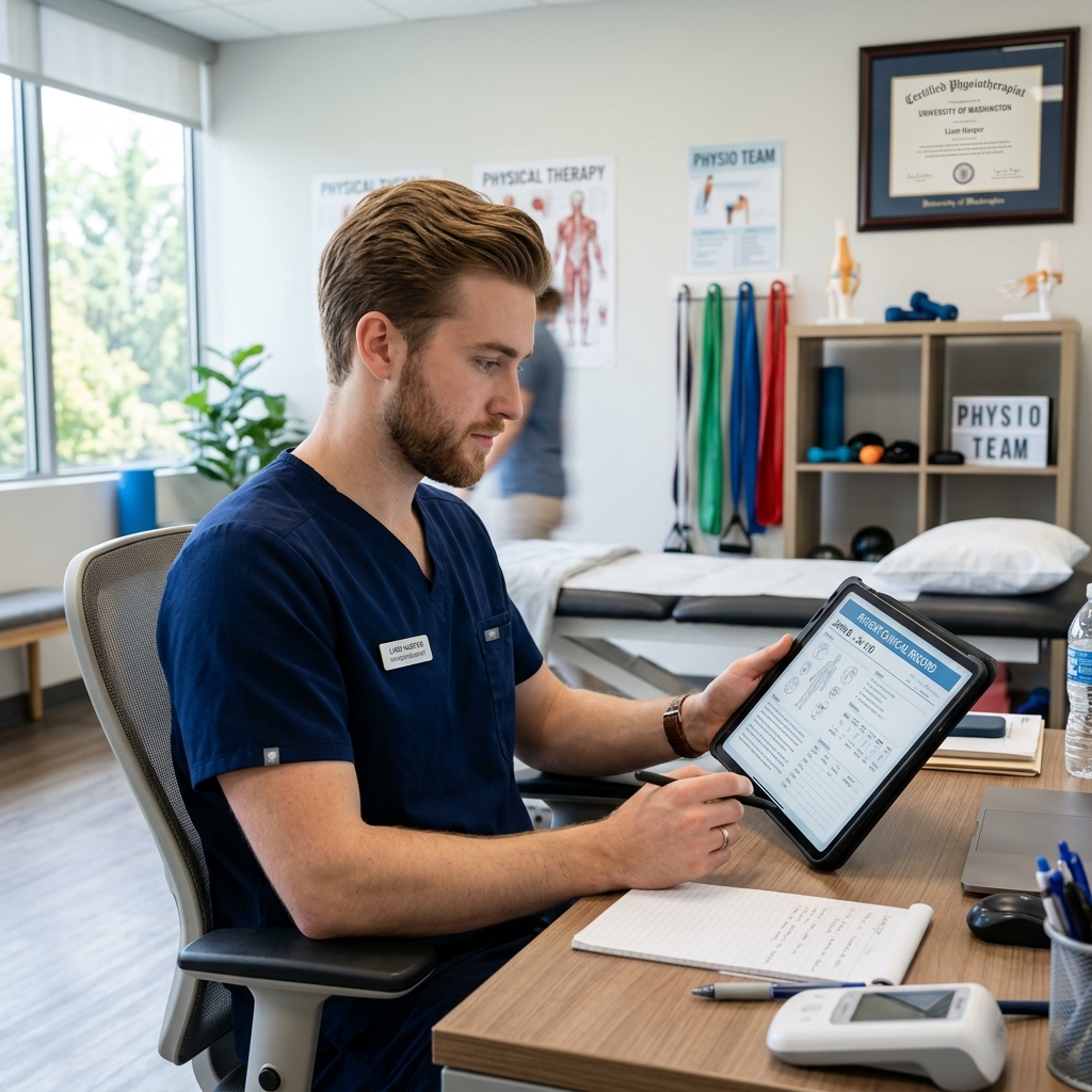 A young professional physiotherapist reviewing patient clinical charts on a sleek tablet in a modern clinical office