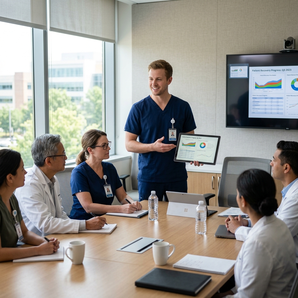 A healthcare multi-disciplinary team meeting in a bright, modern hospital board room, where a young physiotherapist is presenting data