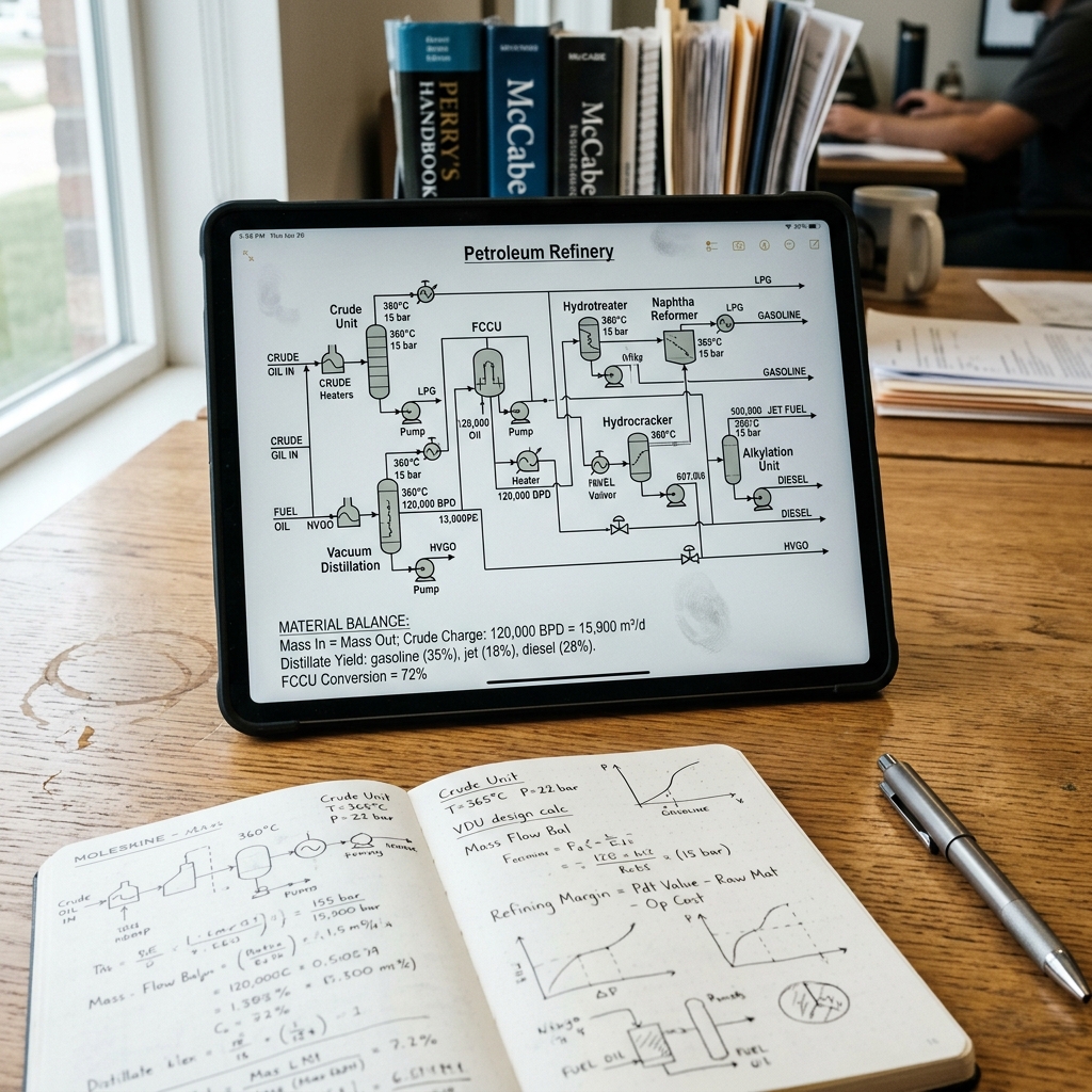 A digital tablet displaying a process flow diagram and engineering equations next to an open notebook on a desk