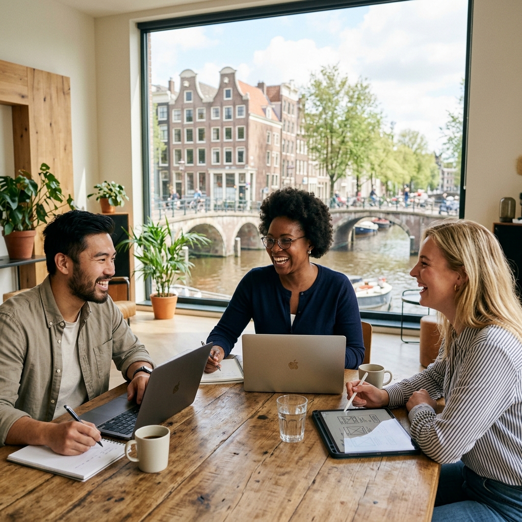 A diverse group of tech professionals having a collaborative discussion in a sunlit meeting room in Amsterdam