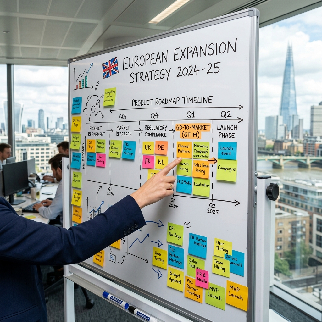 A professional photo of a modern tech office whiteboard in London, filled with colorful sticky notes and a product roadmap