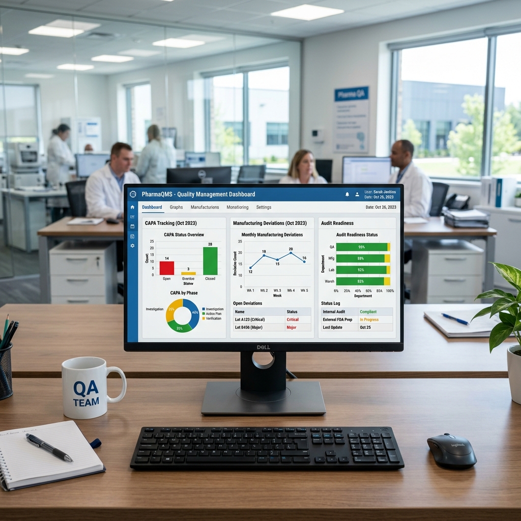 A digital eQMS dashboard on a monitor screen tracking CAPA status and deviations in a modern pharmaceutical QA office