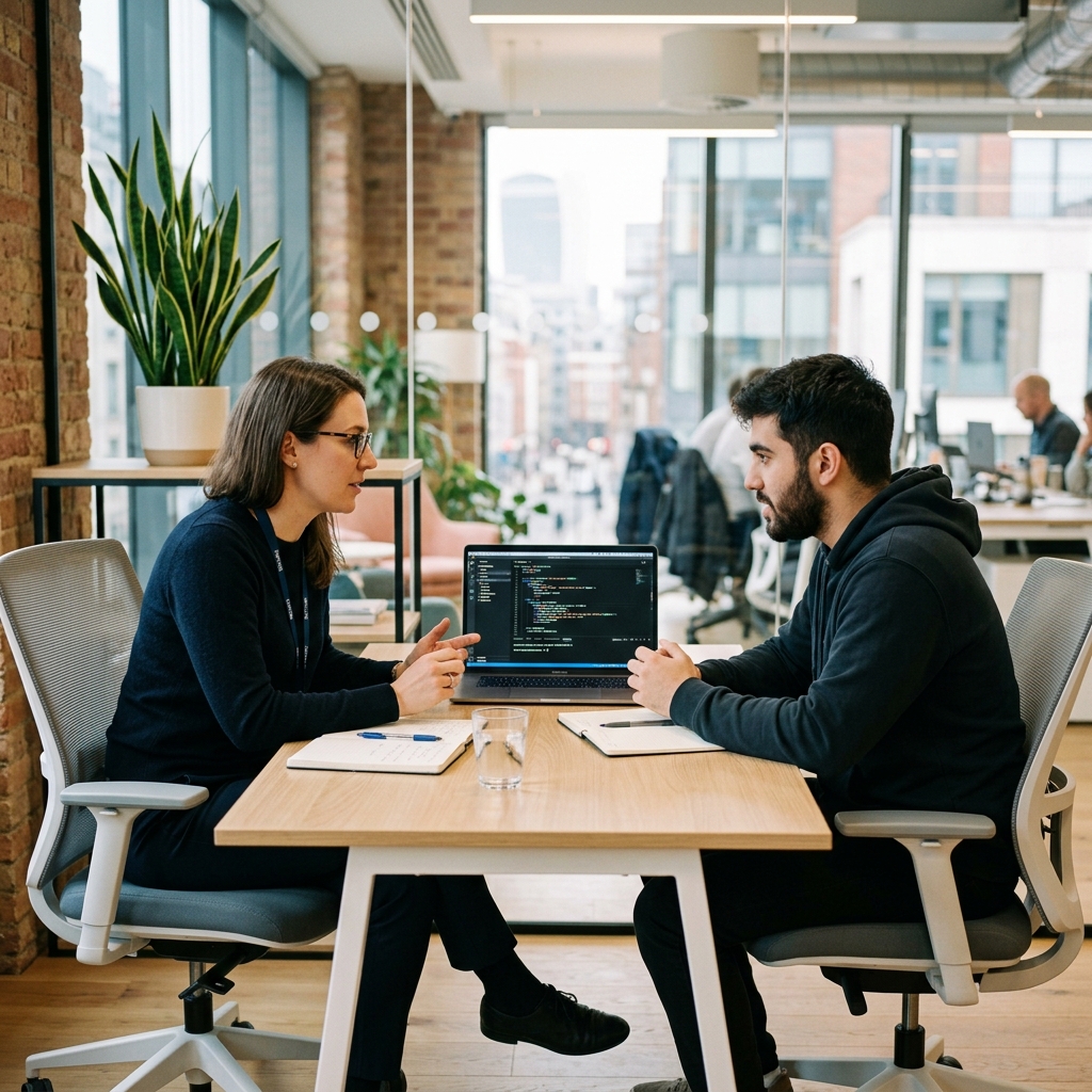 A software engineer interview in progress, candidate and interviewer reviewing code on a laptop together in a modern office