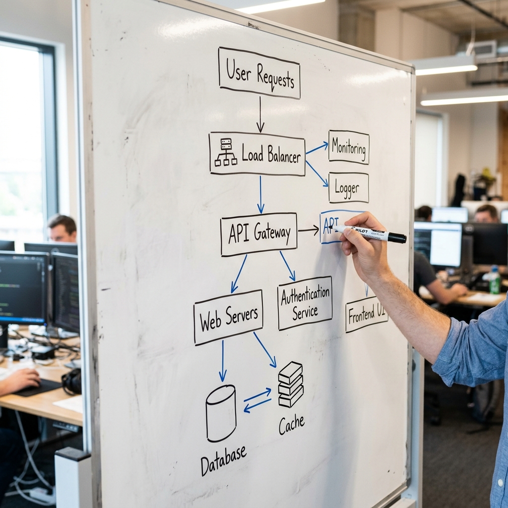 A whiteboard showing a hand-drawn system architecture diagram with boxes and arrows in a modern tech office