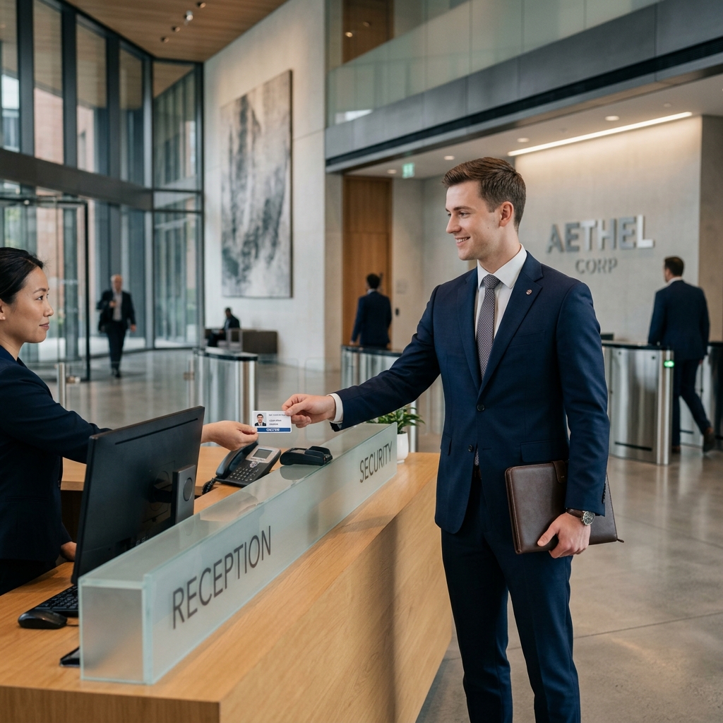 A young fair-skinned professional handing over a security badge at a high-security corporate reception desk