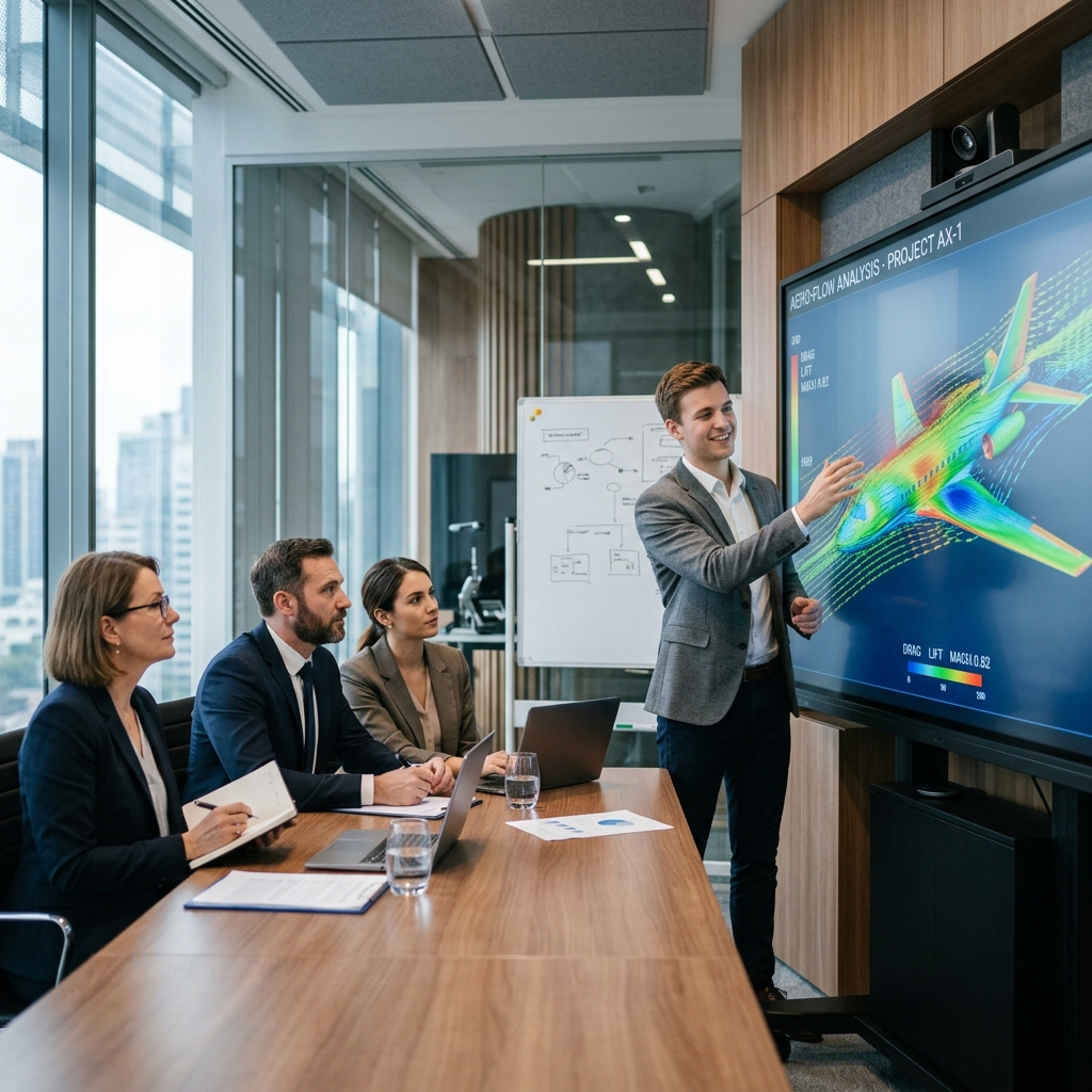 An aerospace engineer presenting a complex 3D aerodynamic model on a massive touch-screen to a panel of interviewers
